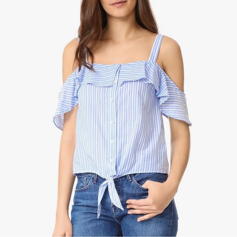 PAIGE Blue & White Striped Flutter Sleeve Blouse w/ Tie Front Tori Top Sz XS